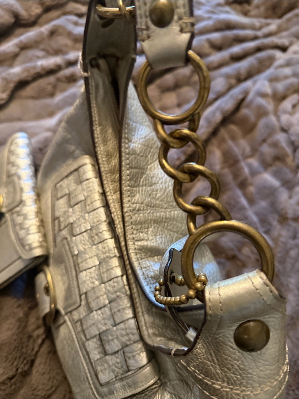 Coach Metallic Silver Leather Shoulder Bag with Matching Wallet - Picture 3 of 15